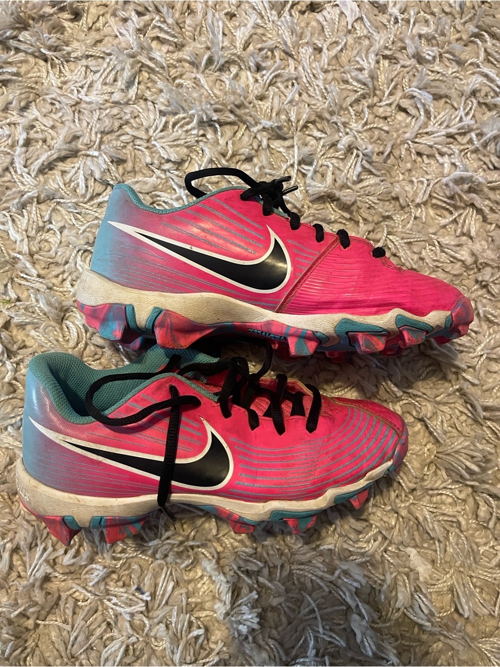 Nike Pink Cleats with Teal Interior and Black Swoosh